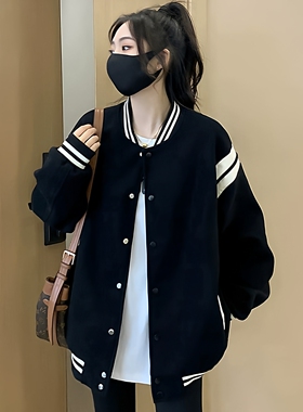 欧货黑色棒球服女2023年春秋新款美式复古宽松休闲百搭夹克外套