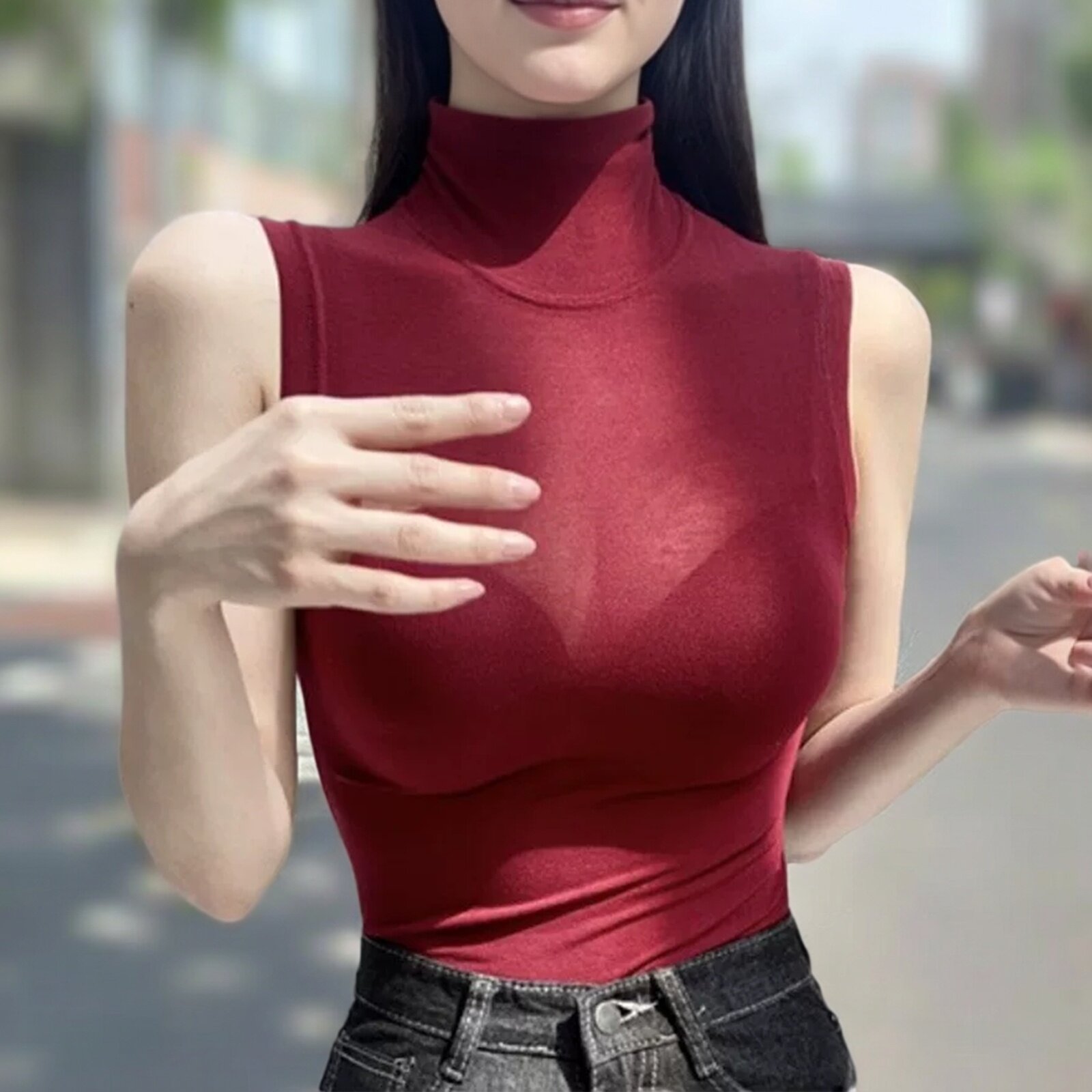 性感微透高弹高领紧身T恤