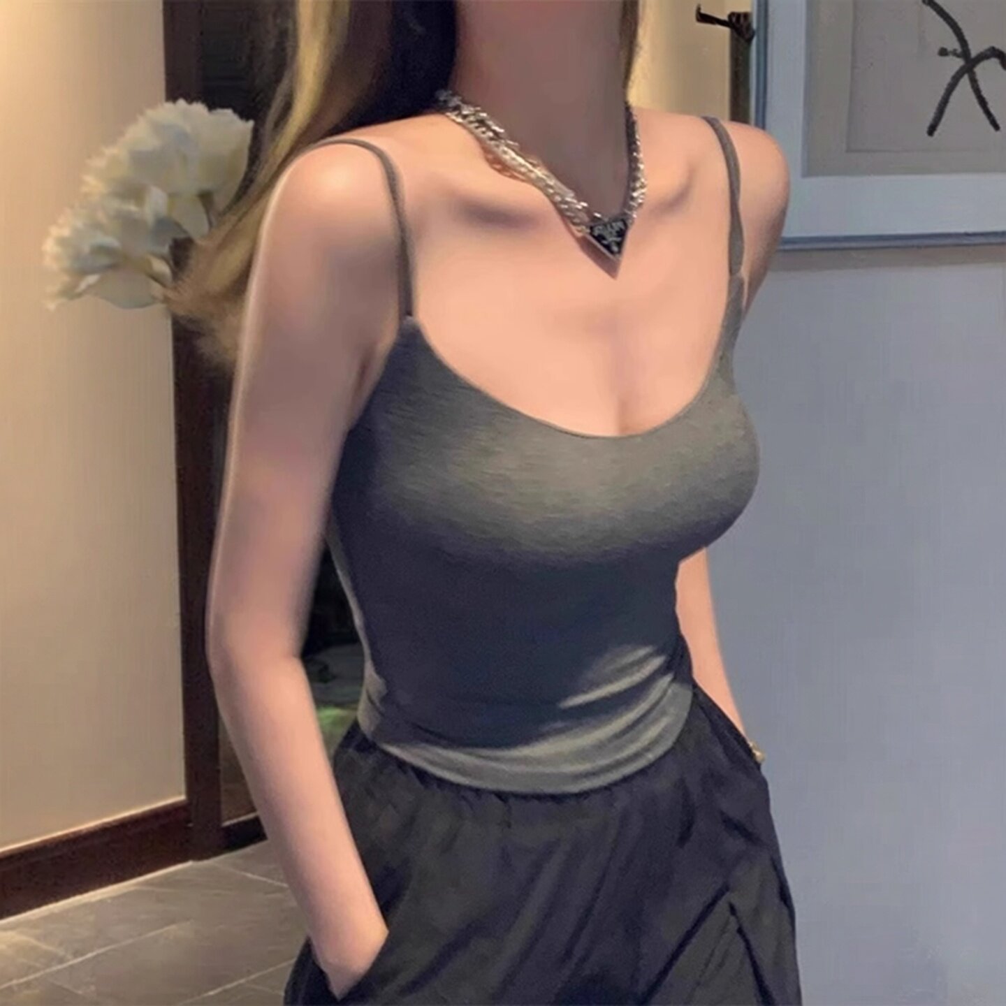 法式黑色泰式小吊带背心