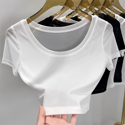 短款薄纱白色冰丝网纱短袖T恤