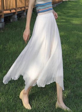 不规则白色半身裙女春季海边飘逸垂感长裙高级感气质显瘦a字裙子