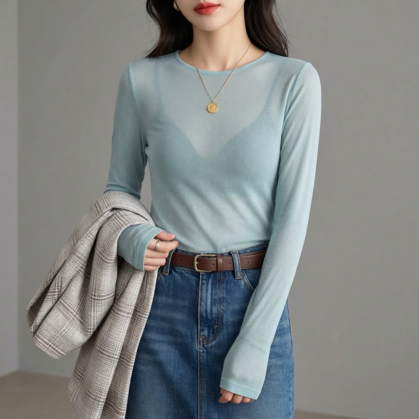 2026夏季薄款冰丝防晒t恤女长袖网纱打底衫内搭显身材圆领上衣潮