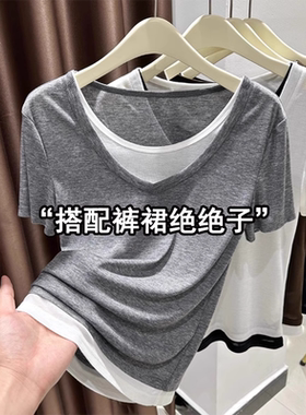 灰色假两件冰丝针织短袖T恤女2025新款夏季薄款宽松休闲正肩上衣