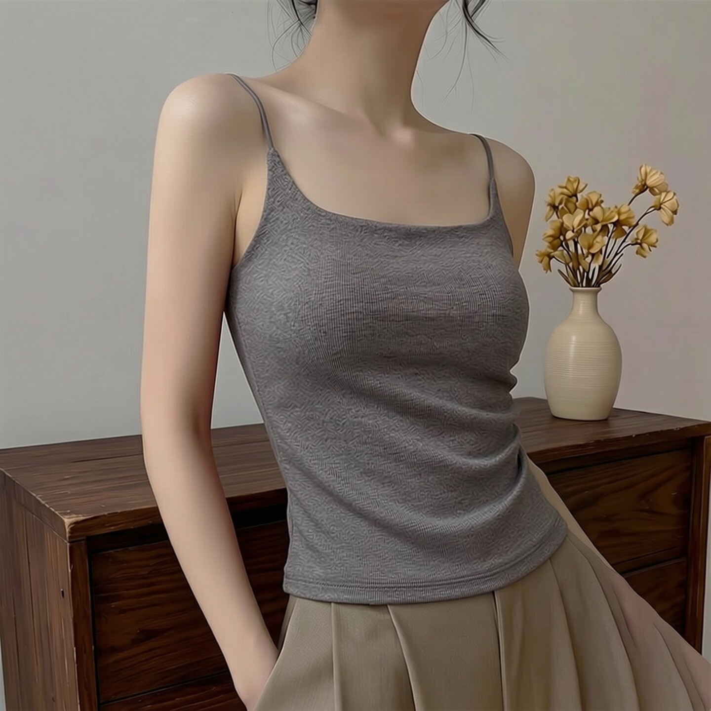 红色吊带背心文胸一体美背
