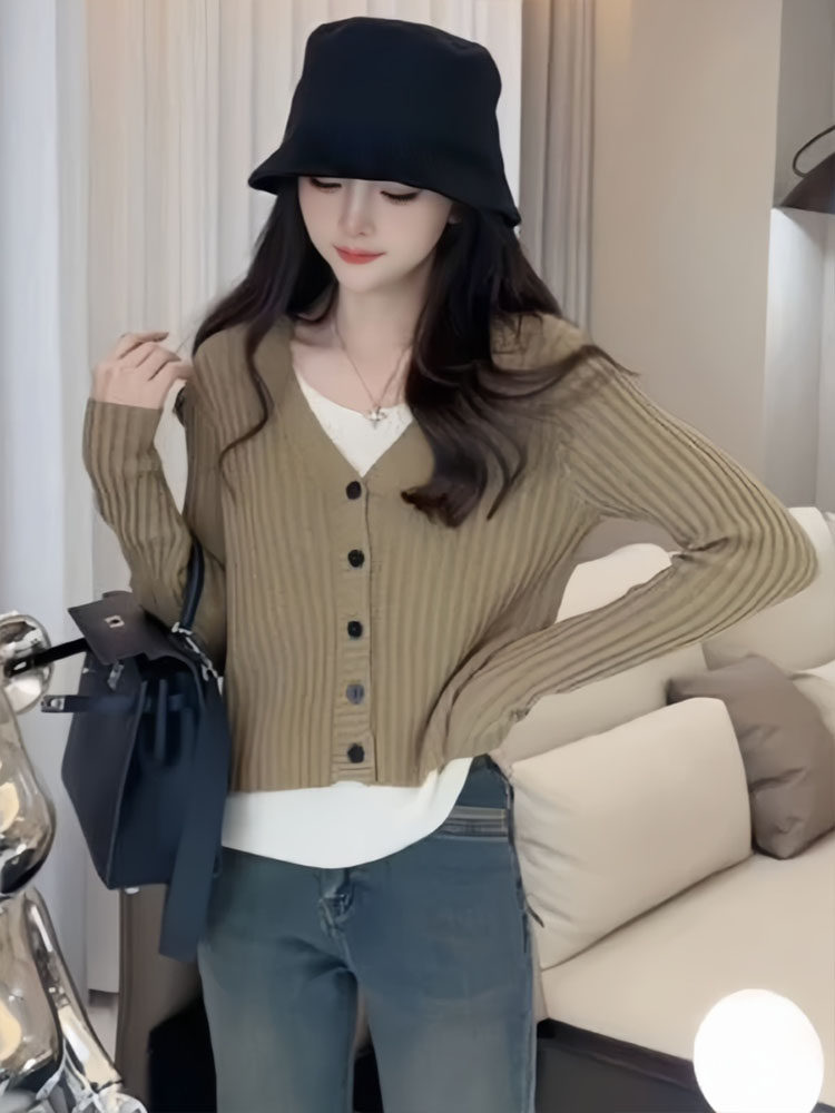 撞色假两件针织衫女秋季2023新款修身毛衣时尚减龄长袖打底衫上衣