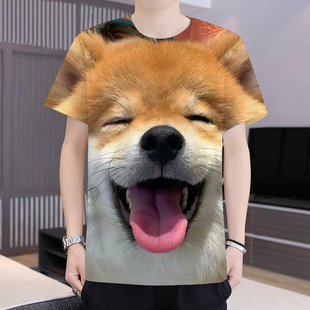 欧美风个性 T恤男女宽松搞笑狗狗图案潮牌上衣狗头印花 3D印花短袖