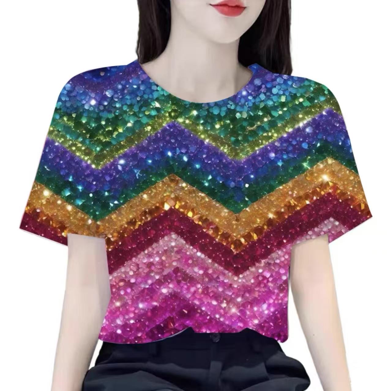 夏季热卖款彩色渐变亮片3d印花短袖女潮流时尚圆领T恤衫可定制t恤