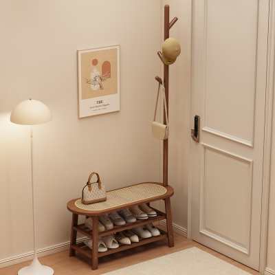 实木藤编换鞋凳挂衣架一体