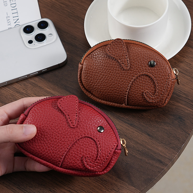 真软皮迷你小钱包可爱小象钥匙扣硬币包日系拉链零钱包女收纳包