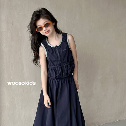 WOOSO潮牌女童波拉2026韩国童装夏款新款工装风无袖上衣+半裙套装