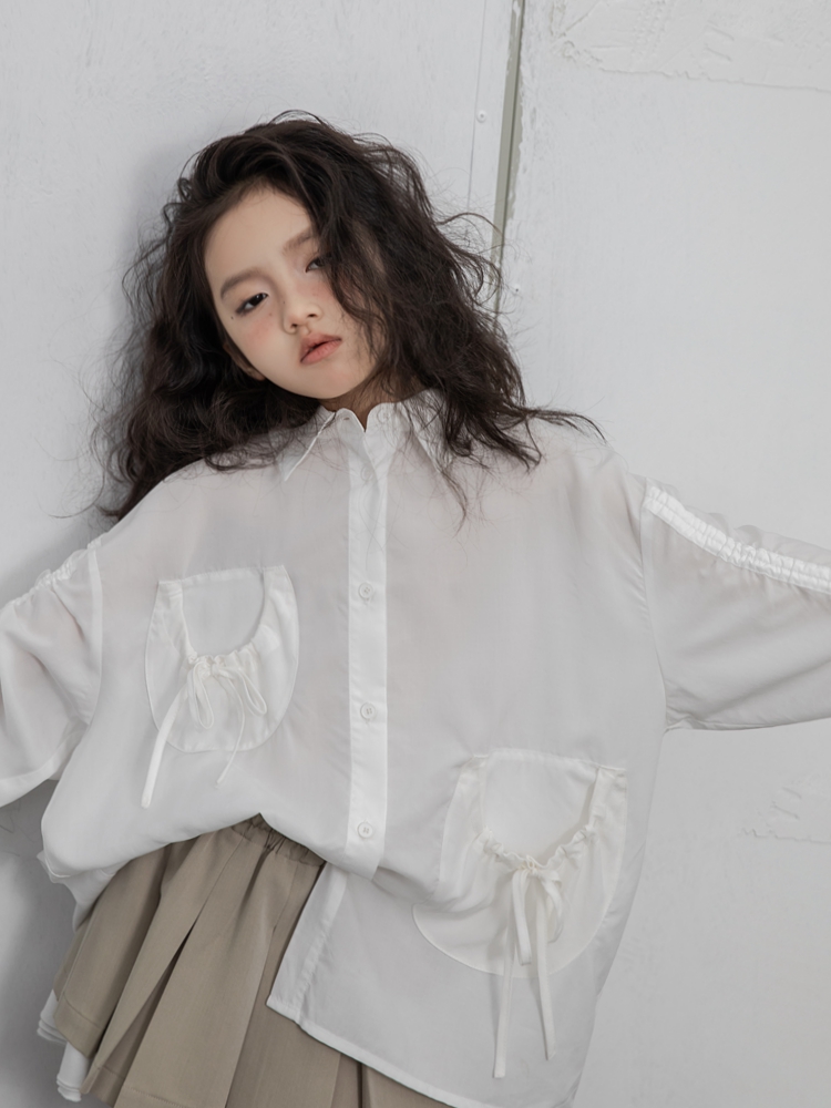 IKISSBABY潮牌女童2024春款韩版新款亲子设计款洋气白色长袖衬衫