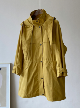 BLUELUCK限量清仓！腰间抽绳按扣立领中长外套黄色宽松连帽风衣#Y