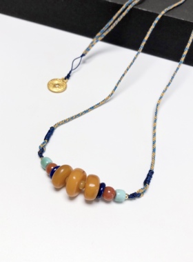 D418#天然原矿老蜜蜡饼子锁骨链 11-12.5mm 配青金石 南红 绿松石