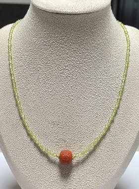 D1456# 天然川料南红回纹珠吊坠 锁骨链10*10.8mm 刻面橄榄石配链