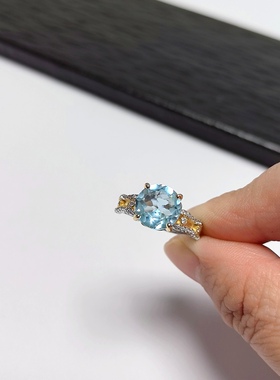 G182# 通体S925纯银双色镀金精工镶嵌托帕石戒指 裸石9mm 配证书