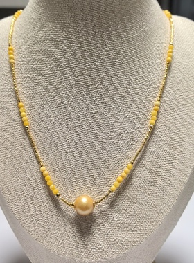 D1455# 天然真多麻海水珍珠项链 金珠锁骨链滚运珠10mm配原矿蜜蜡