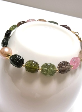 S570# 天然老矿料碧玺富甲天下手链8.3-10.8mm 配极光淡水珍珠8mm