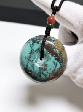 D737# 天然原矿高瓷绿松石双色地图古风大胖墩面包扣平安扣吊坠