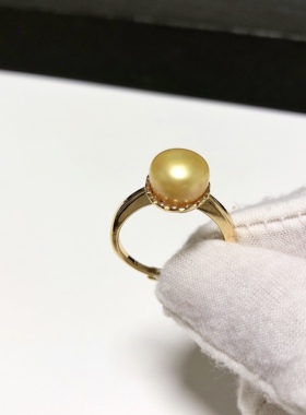 G176# 天然淡水珍珠金珠戒指10mm S925银镀金开口托