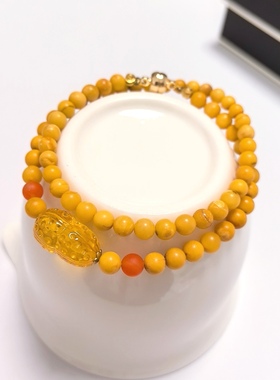 S581# 天然老蜜蜡双圈手链5.5mm 配南红圆珠 金绞蜜花生 重8.74克