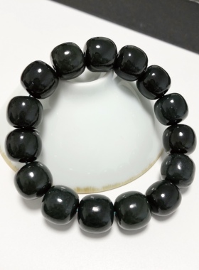 S1668# 天然新疆和田玉塔青玉老型桶珠男士手链14*13mm 配证书