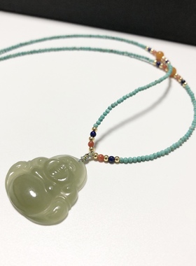 D1399# 天然和田玉青玉佛公吊坠28.5*28.5*6.8mm 配绿松石万能链