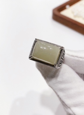 G38# 天然和田玉方戒复古款男版戒指 S925银托 开口圈可调节