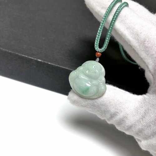 D360# 天然A货翡翠阳绿飘花笑佛吊坠21.5*22.8*5mm 重量6.52克