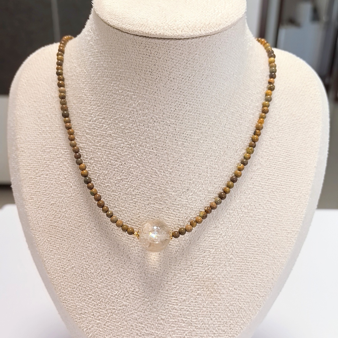 D1402# 天然阿塞斯特莱彩虹银发晶吊坠锁骨链13.3mm 绿松石配链