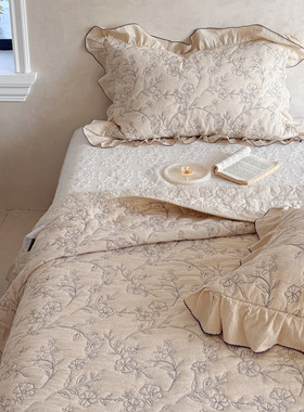 有态度高端棉麻床盖三件套夹棉绗缝纯棉榻榻米垫防滑床单全棉机洗