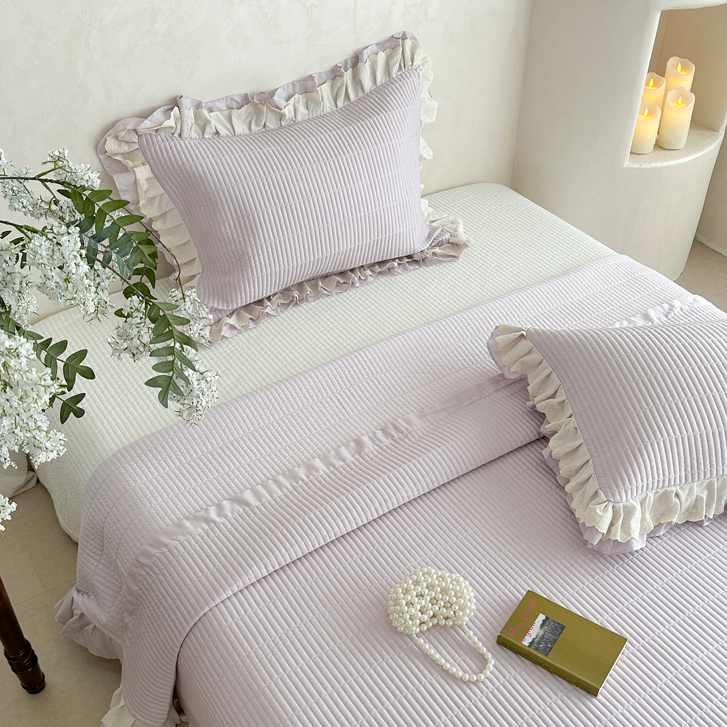 有态度法式花边莱赛尔床盖三件套夹棉绗缝榻榻米纯色床单防滑夏季