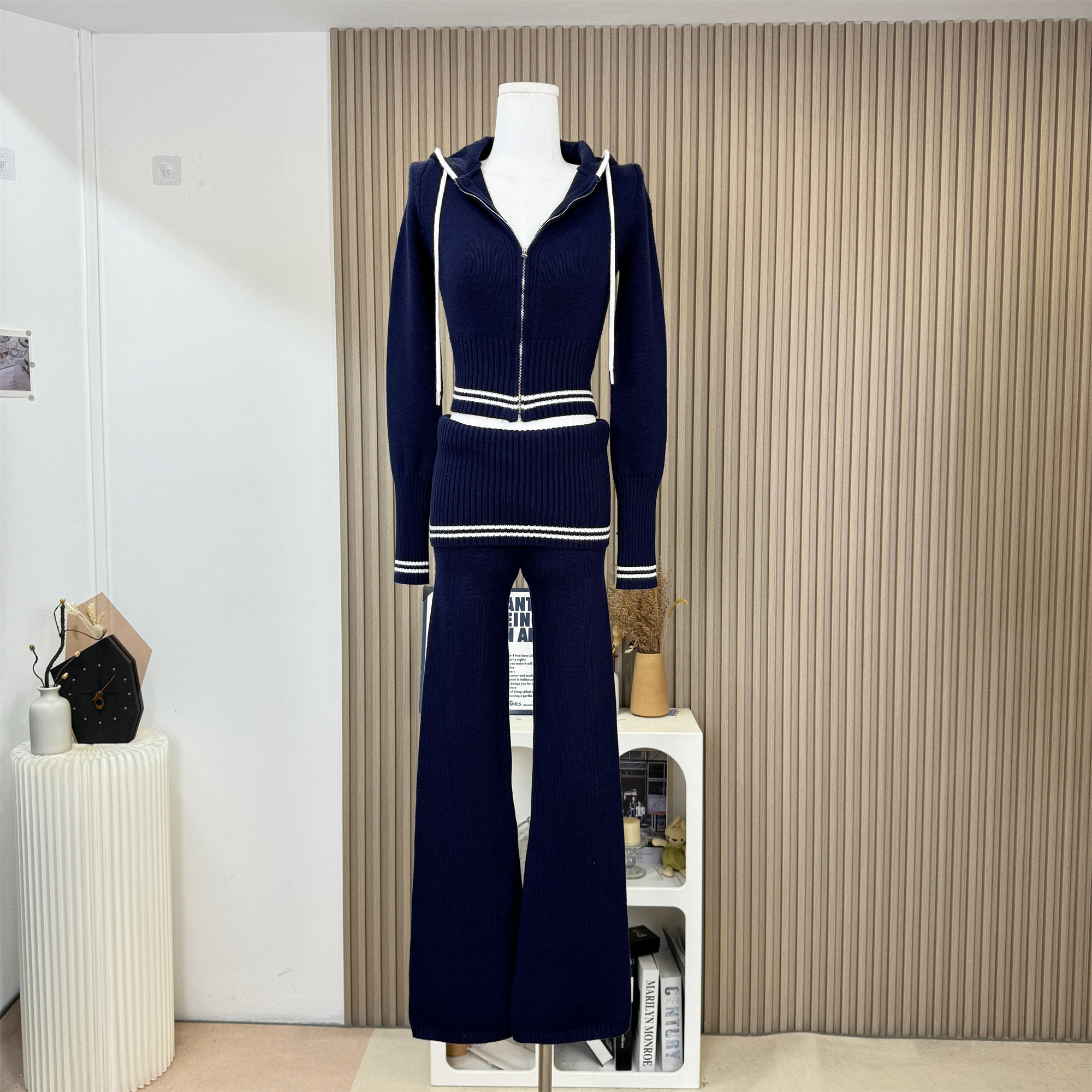 MIYOU 수제 미국 매력 섹시한 컬러 차단 지퍼 후드 긴팔 바지 여성을위한 슬림 스포츠 캐주얼 정장