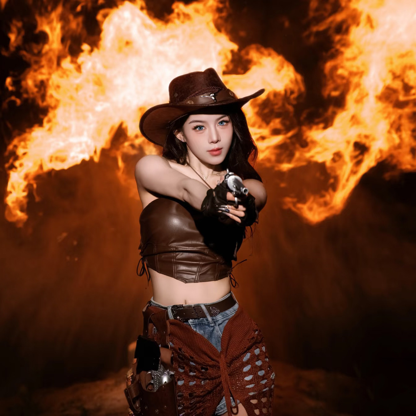 夏季男女情侣大檐西部牛仔帽遮阳防晒草帽宽檐礼帽带防风绳复古皮