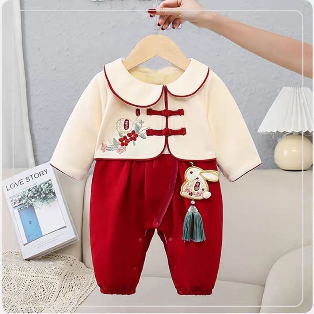 婴儿衣服秋冬装加绒连体衣女宝宝百天周岁宴哈衣冬季新年装外出服