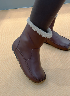 莱斯佩斯女鞋专柜正品2022秋冬季平底棉靴加绒软底牛皮雪地靴5T54