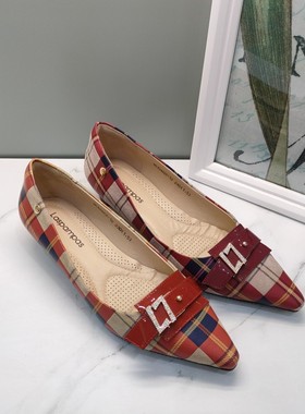 莱斯佩斯女鞋专柜正品春夏时尚百搭红色格子真皮尖头浅口小跟3E32