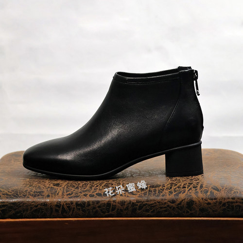 莱斯佩斯专柜春秋新款真皮方头单里粗跟通勤短靴7C46