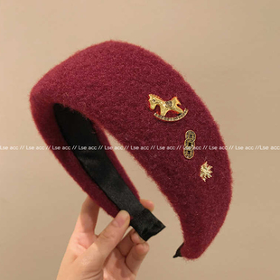 新年红色毛呢宽边小马发箍女过年甜美高颅顶压发头箍日常外戴发卡