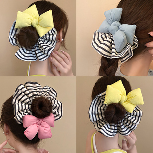 东大门柠檬黄蝴蝶结大肠发圈百搭条纹可爱少女心扎发头绳新款发饰