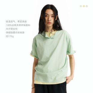 NORYBRAND 男女短袖T恤夏全棉纤薄亨利领宽松透气休闲半开襟上衣