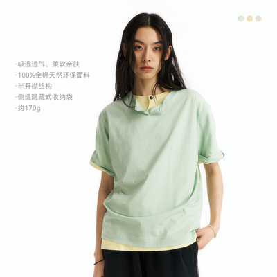NORYBRAND 男女短袖T恤夏全棉纤薄亨利领宽松透气休闲半开襟上衣