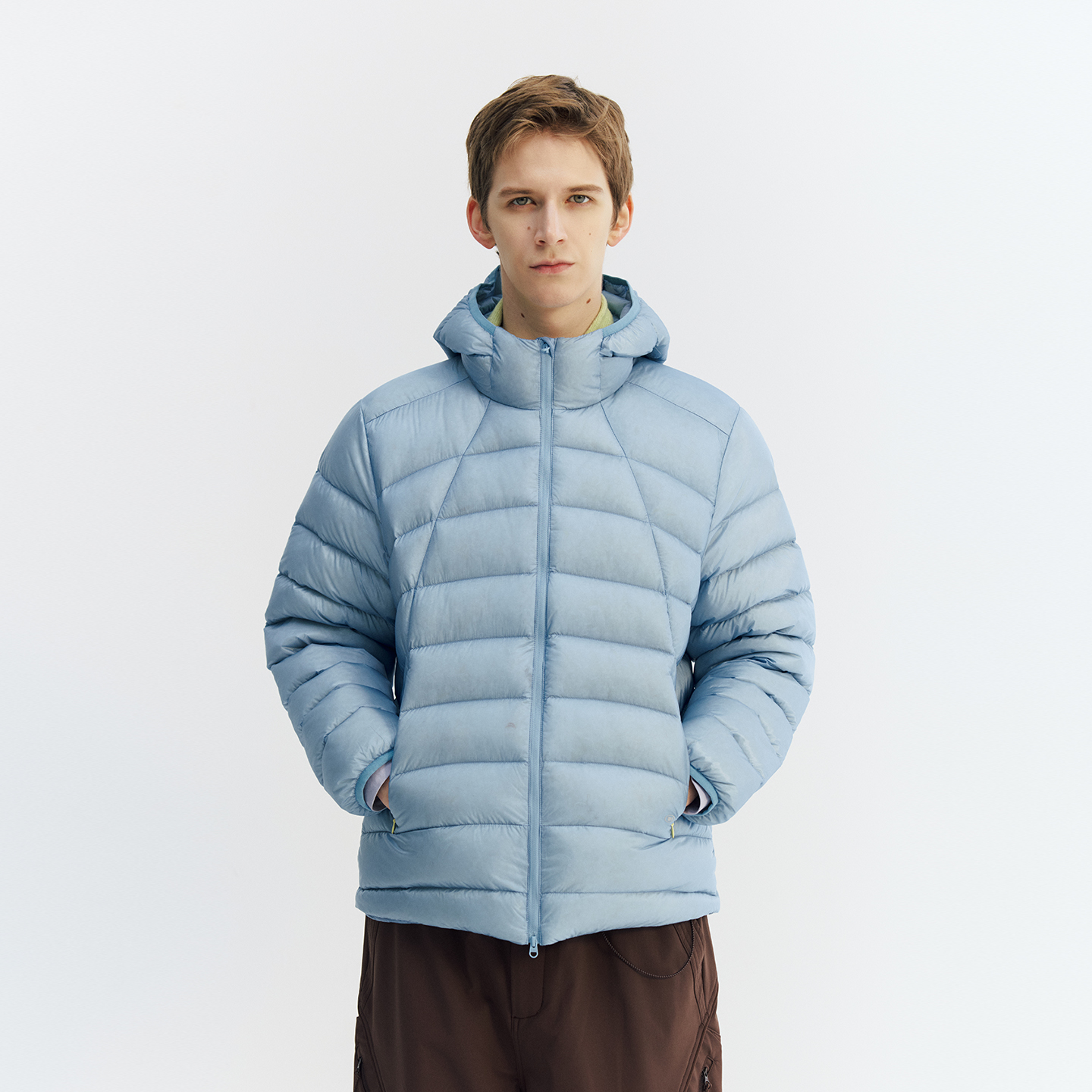 NORYBRAND 轻量结构拉链连帽排骨90%鹅绒高充无帽防绒胶羽绒服