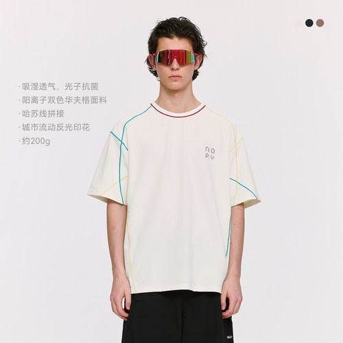 NORYBRAND  网眼式纤薄华夫格撞色线短袖运动休闲凉感上衣短袖T恤