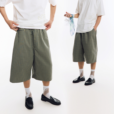 NORYBRAND 简约百搭廓形六分格子裤 通勤休闲宽松短裤