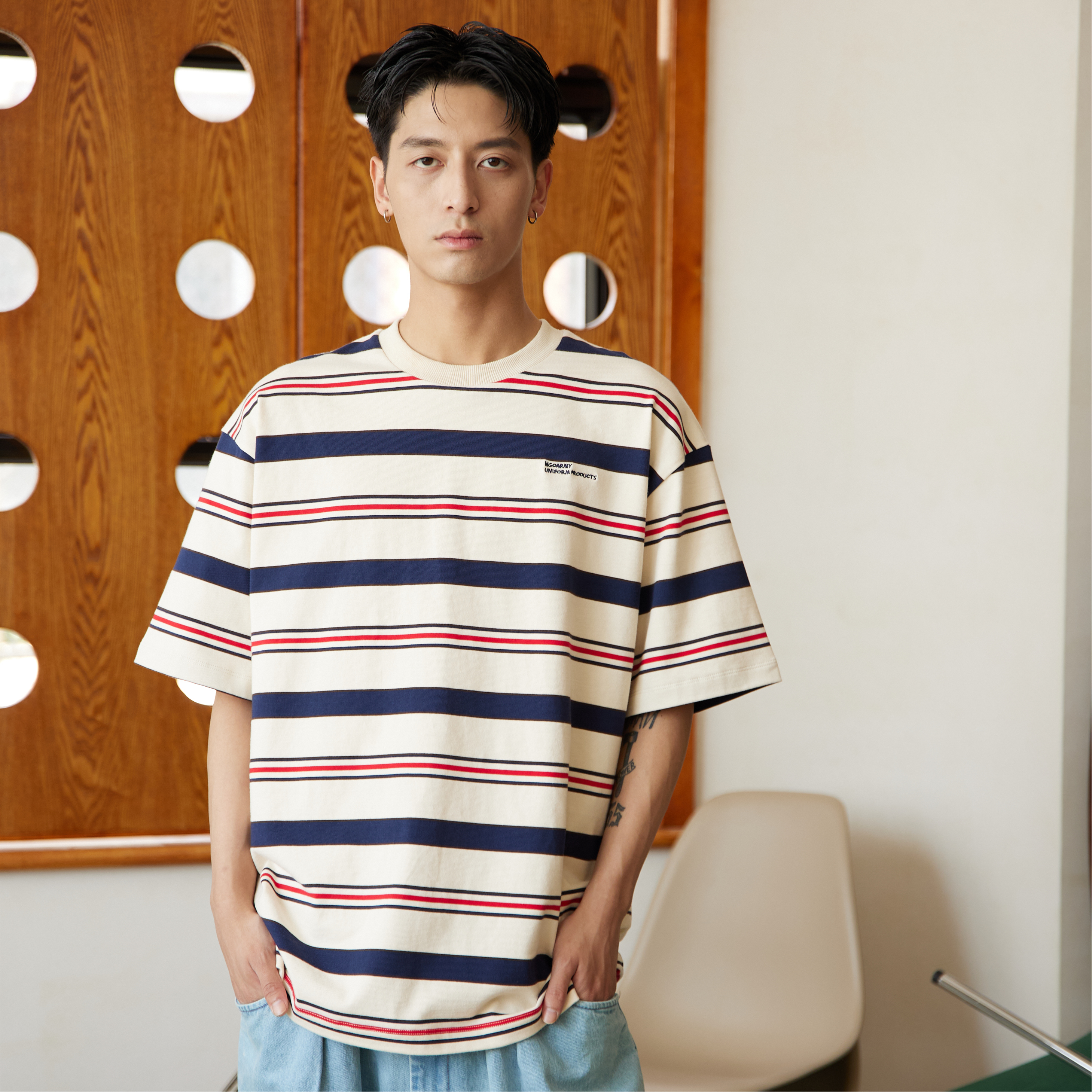 NORYBRAND男女款条纹短袖T恤 情侣宽松cityboy百搭撞色cleanfit