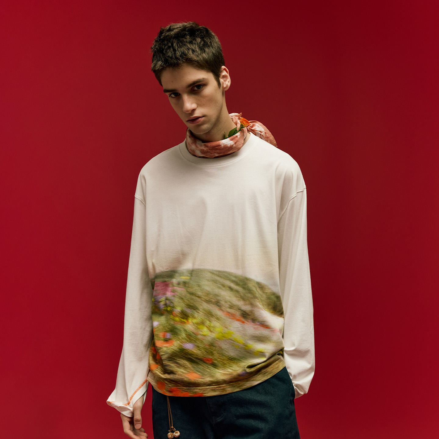 NORYBRAND花蕾艺术氛围感数码印花长袖 休闲通勤圆领T恤