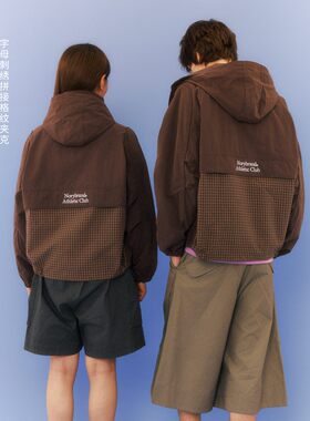 NORYBRAND 字母刺绣拼接格纹夹克 防风防泼水可收纳连帽宽松外套
