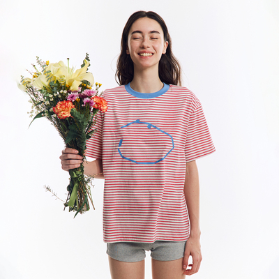 NORYBRAND轻薄透气多彩条纹短袖 印花短袖撞色圆领T恤情侣夏季tee