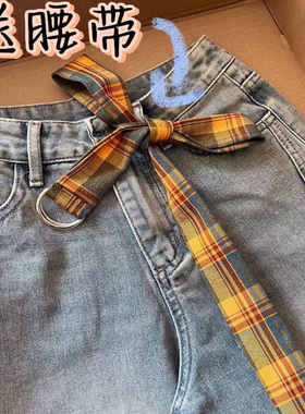 美式复古卡通植绒刺绣格子拼接阔腿牛仔裤女2026春秋显瘦拖地裤子