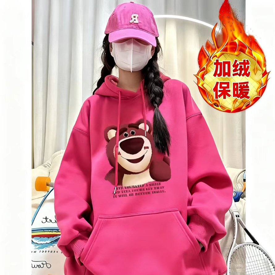 美式复古卡通草莓熊印花连帽玫红色卫衣2025秋冬新款火龙果色外套